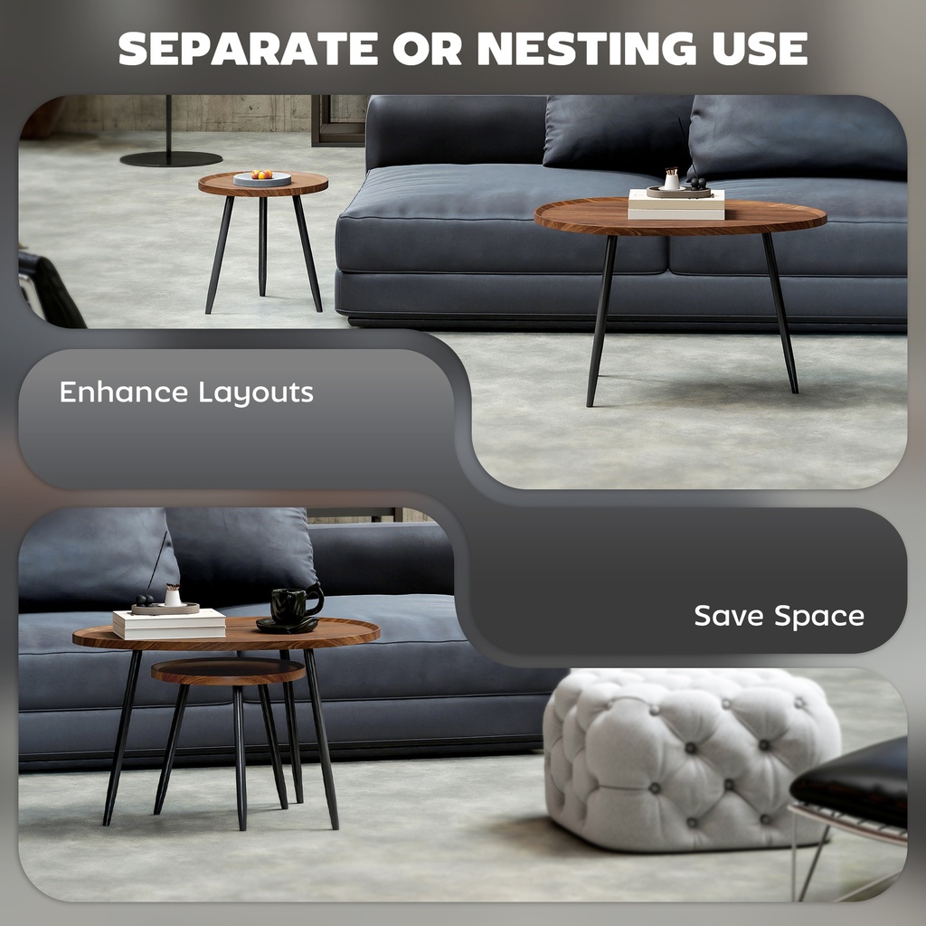 HOMCOM Nesting Coffee Table Set Metal Legs Chestnut Wood - Photo 4