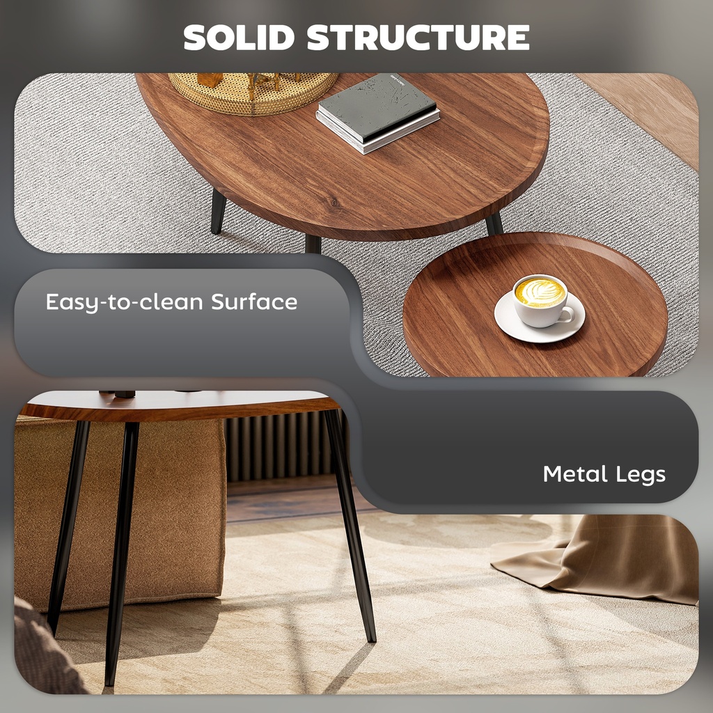 HOMCOM Nesting Coffee Table Set Metal Legs Chestnut Wood - Photo 5