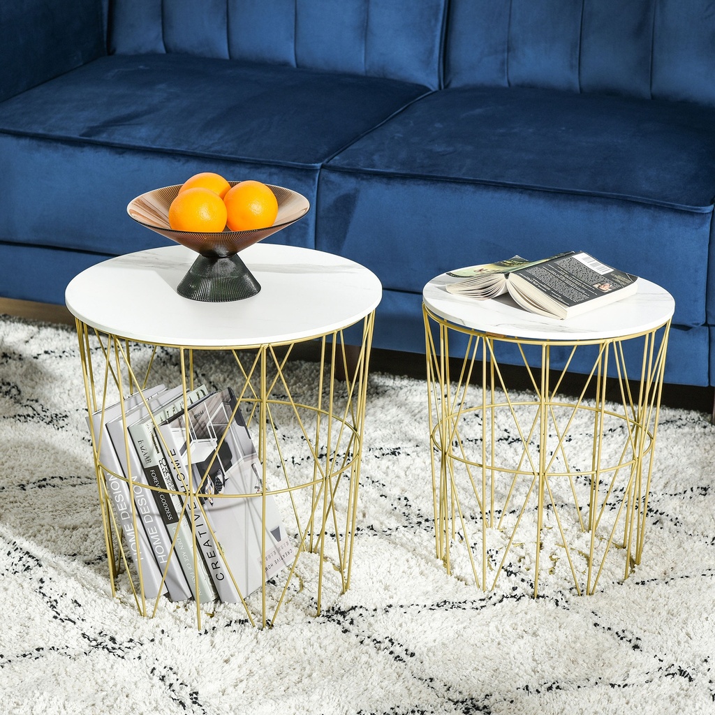 HOMCOM Set of 2 Round Nesting Tables Steel Frame White - Photo 2