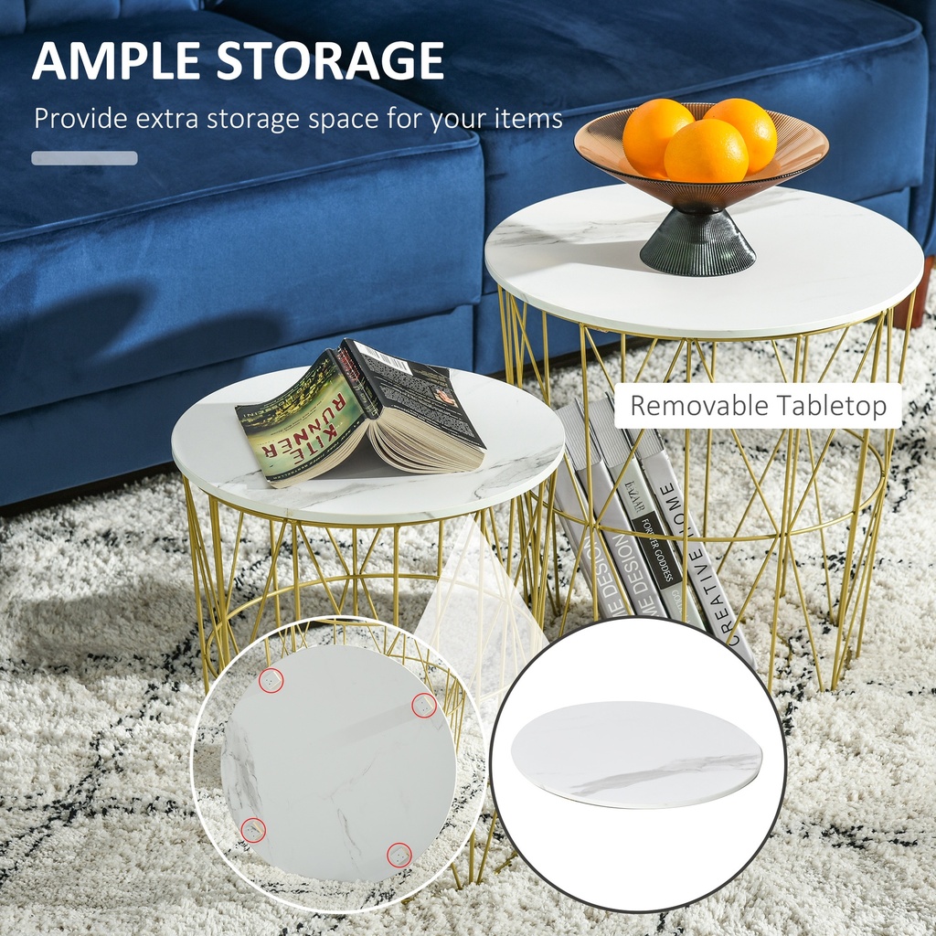 HOMCOM Set of 2 Round Nesting Tables Steel Frame White - Photo 4