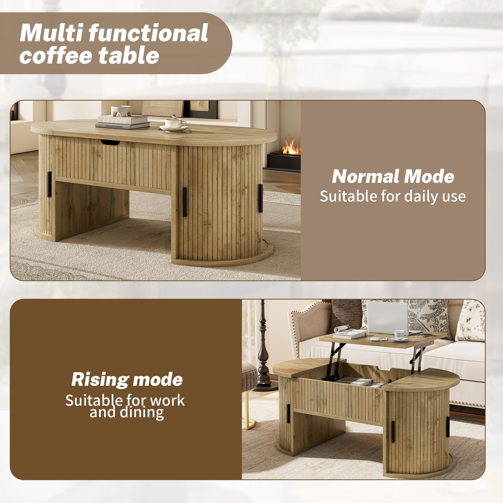 Modern Height-Adjustable Coffee Table with Storage and Sliding Doors, 100L x 50W x 40.5H cm, Wood - Photo 5