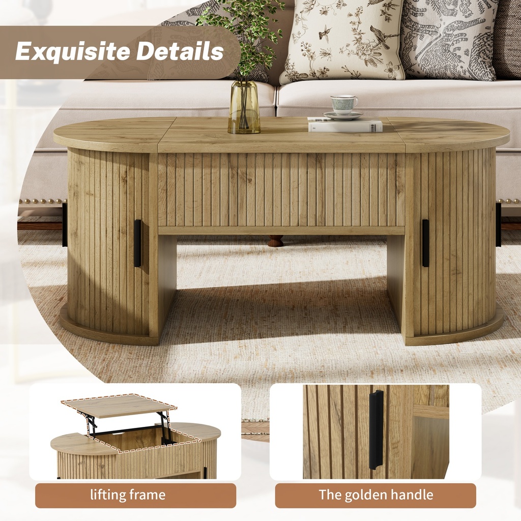 Modern Height-Adjustable Coffee Table with Storage and Sliding Doors, 100L x 50W x 40.5H cm, Wood - Photo 6