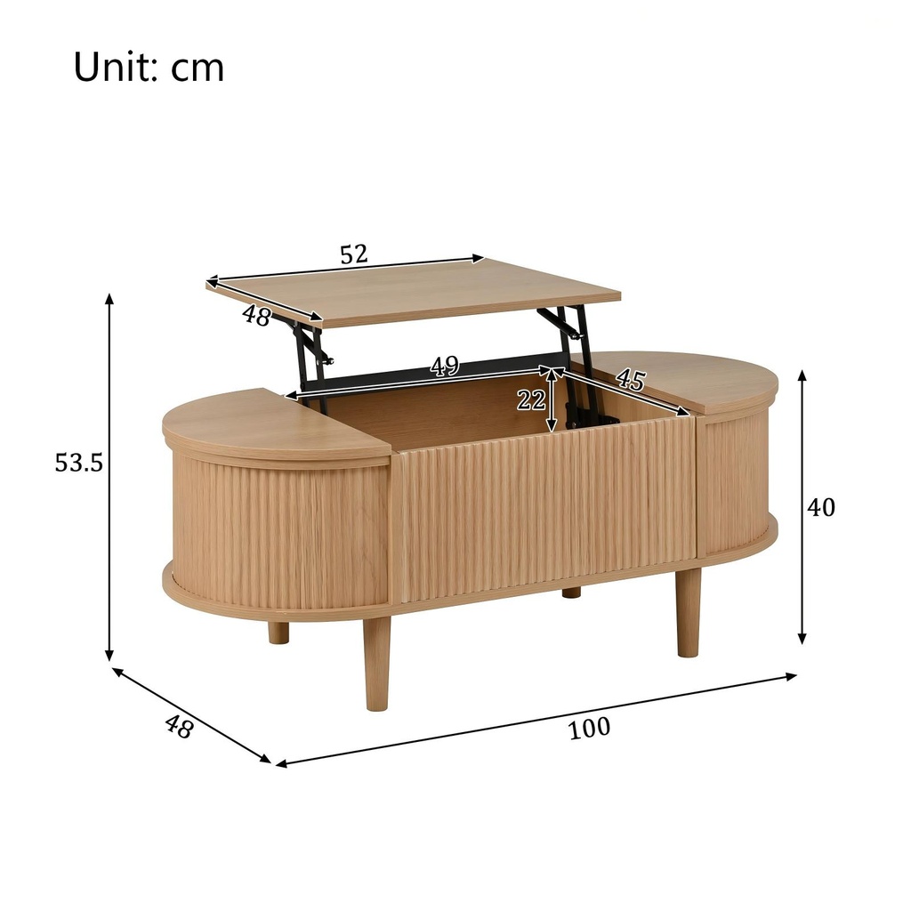 Oval Height-Adjustable Coffee Table with Flip-Top Storage, 100L x 48W x 53.5H cm, Walnut - Photo 3