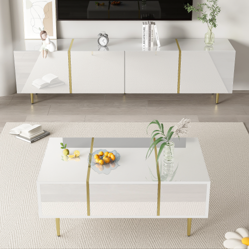 High-Gloss TV Cabinet with Gold Accents, Soft‑Close Doors, White - Photo 5