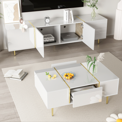 High-Gloss TV Cabinet with Gold Accents, Soft‑Close Doors, White - Photo 6