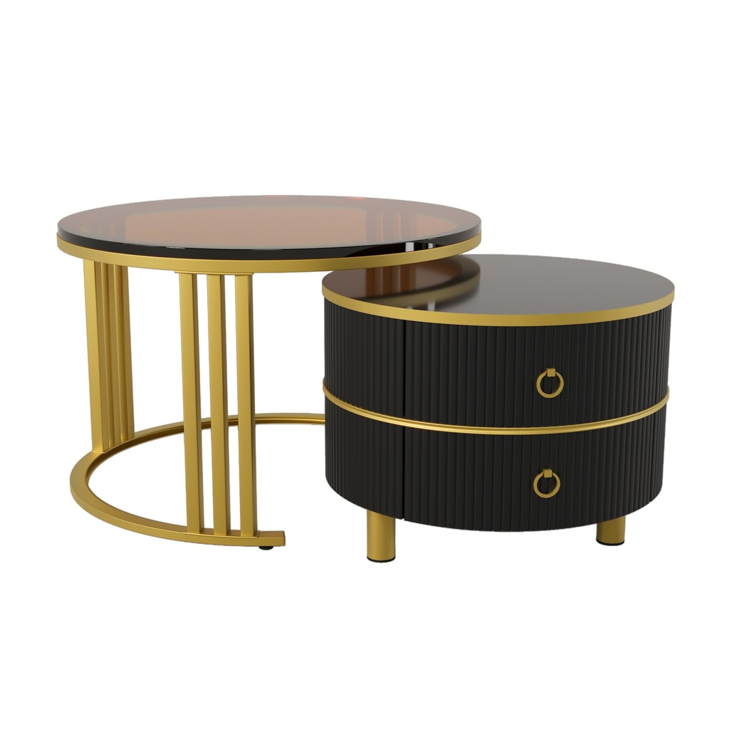 2-in-1 Round Coffee Table Set with High-Gloss and Tempered Glass Tops, Brown+Black - Photo 2