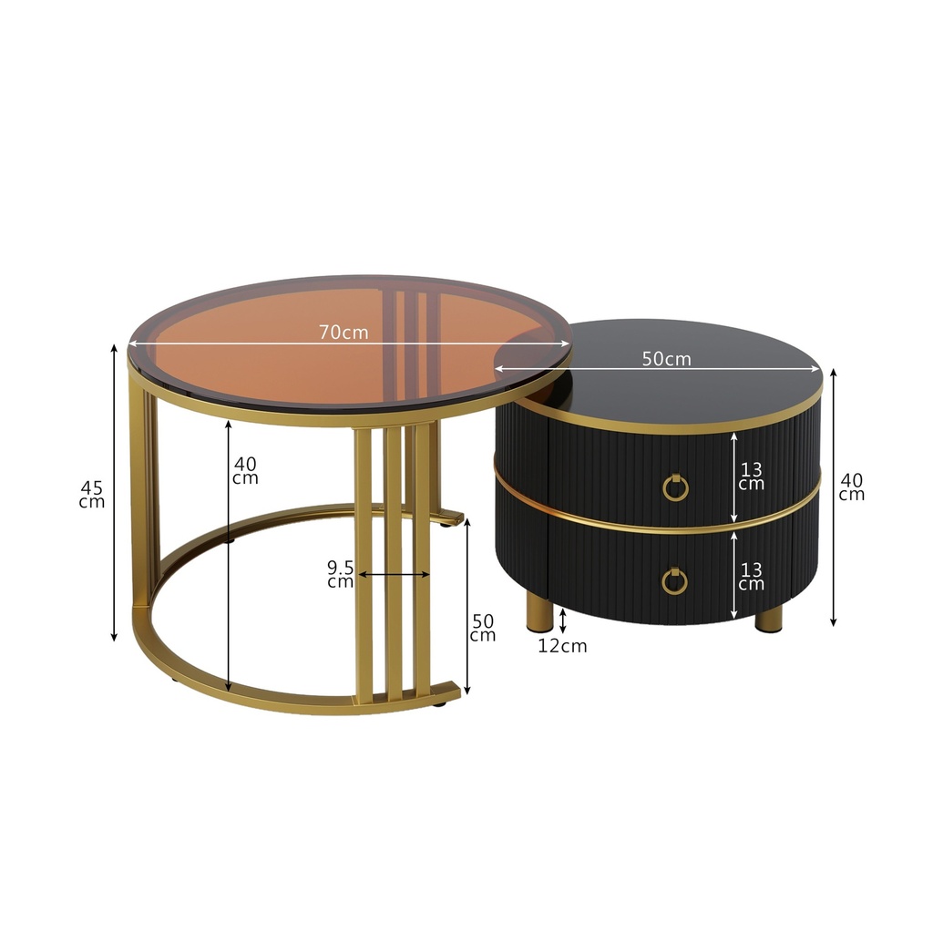 2-in-1 Round Coffee Table Set with High-Gloss and Tempered Glass Tops, Brown+Black - Photo 3