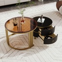 2-in-1 Round Coffee Table Set with High-Gloss and Tempered Glass Tops, Brown+Black - Photo 5