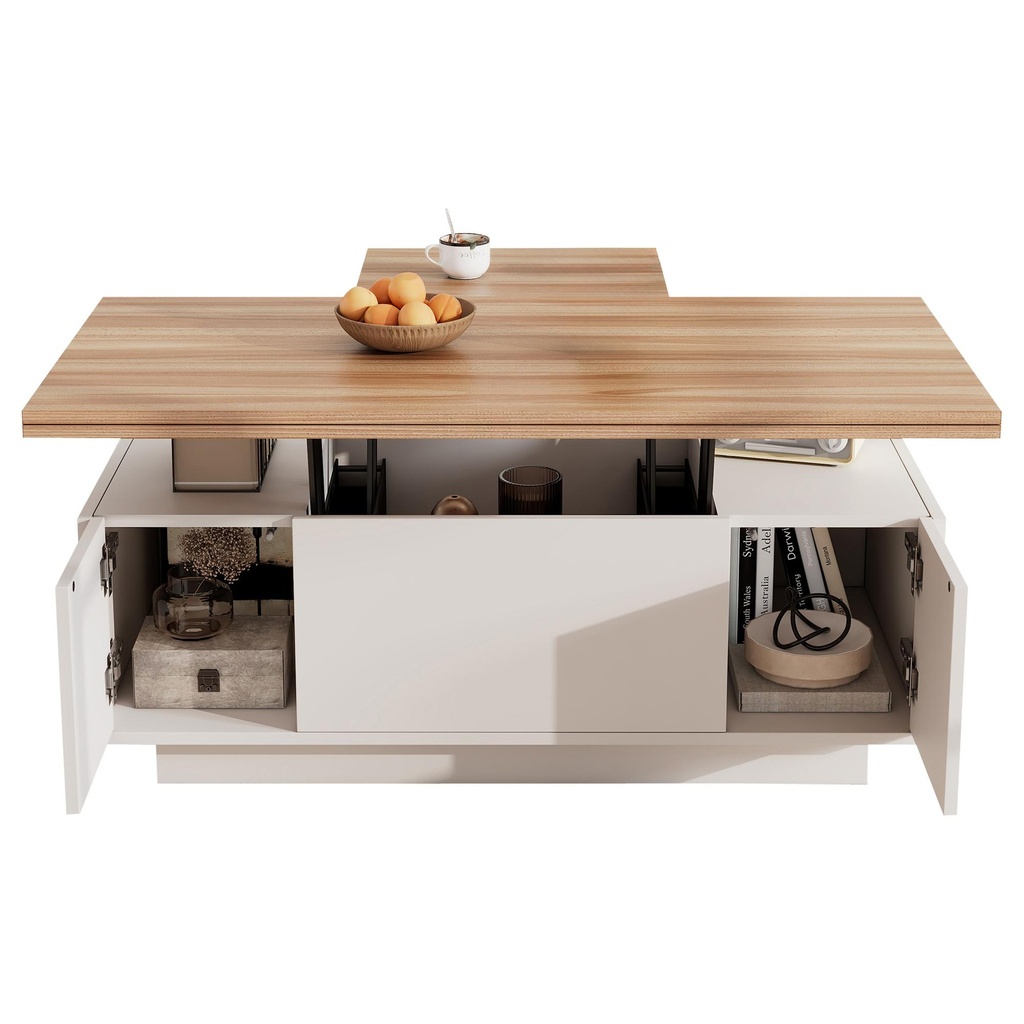 Lift-up Coffee Table with Hidden Storage and Dual Liftable Tops, 100L x 50W x 55.5H cm, White+Natural - Photo 2
