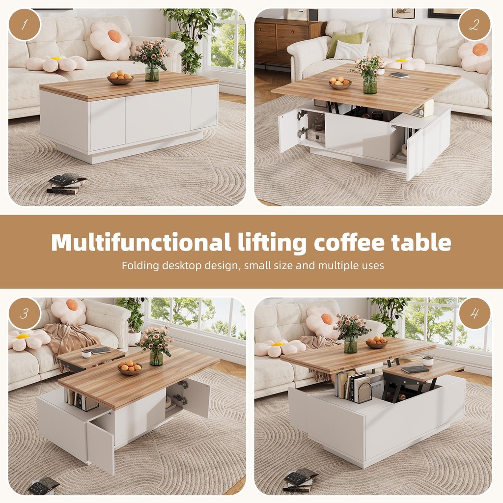 Lift-up Coffee Table with Hidden Storage and Dual Liftable Tops, 100L x 50W x 55.5H cm, White+Natural - Photo 4