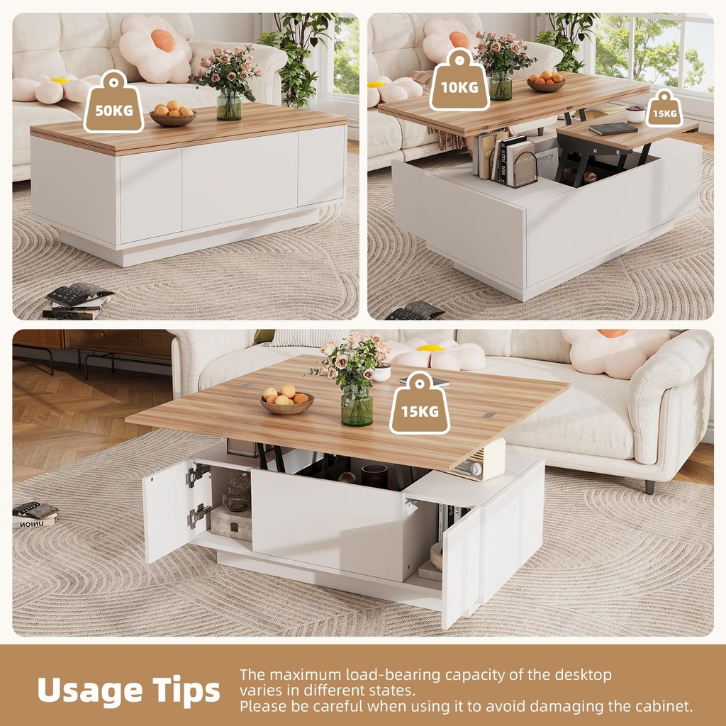 Lift-up Coffee Table with Hidden Storage and Dual Liftable Tops, 100L x 50W x 55.5H cm, White+Natural - Photo 5