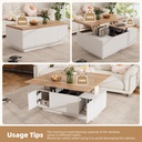 Lift-up Coffee Table with Hidden Storage and Dual Liftable Tops, 100L x 50W x 55.5H cm, White+Natural - Photo 5