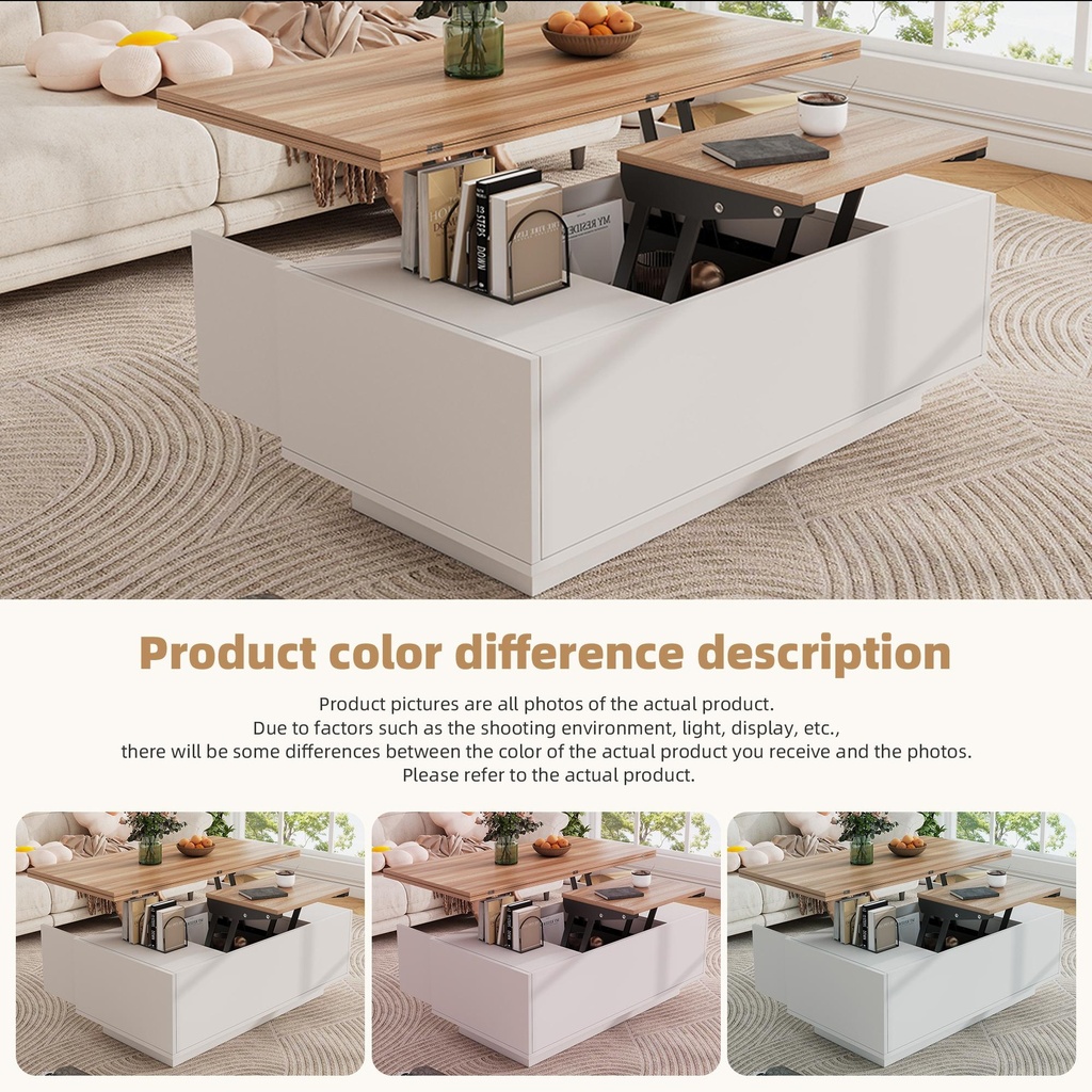 Lift-up Coffee Table with Hidden Storage and Dual Liftable Tops, 100L x 50W x 55.5H cm, White+Natural - Photo 6