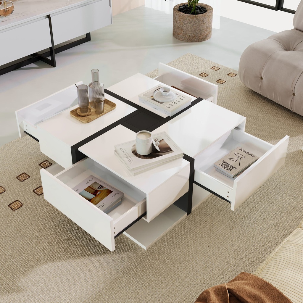 Square Coffee Table with 4 Drawers, White - Photo 4