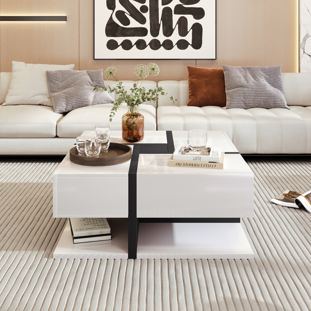 Square Coffee Table with 4 Drawers, White - Photo 5
