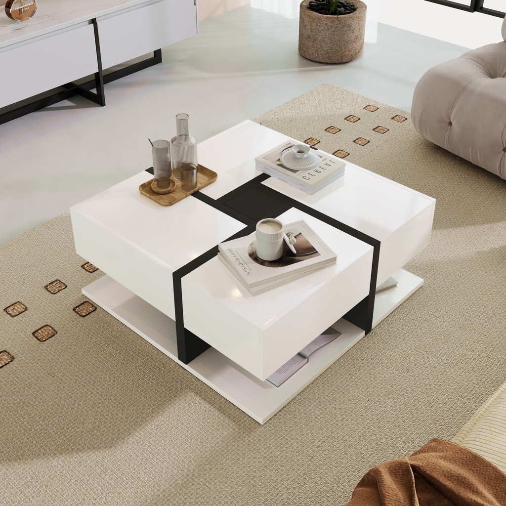 Square Coffee Table with 4 Drawers, White - Photo 6
