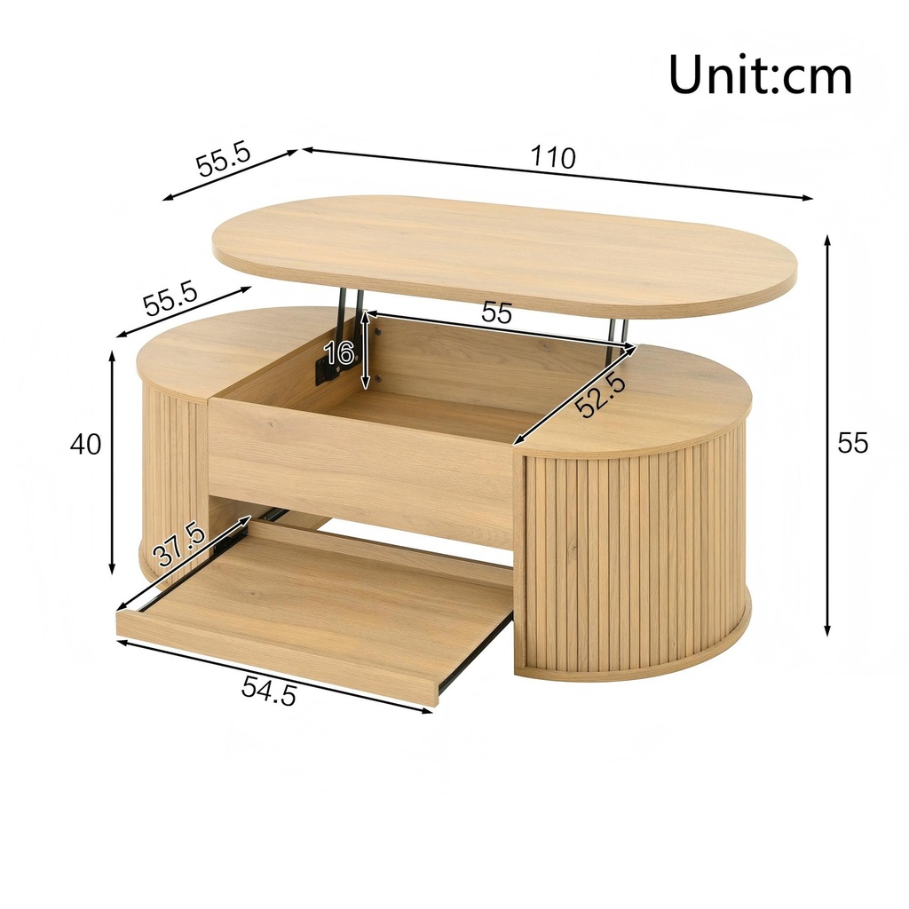 Lift-Top Coffee Table with Height-Adjustable Lift-Up Tabletop, 110L x 55.5W x 40H cm, Wood - Photo 3