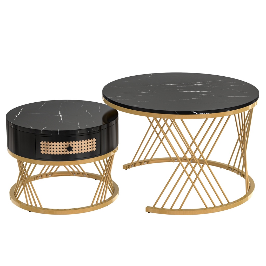 2-in-1 Marble Coffee Table Set with Marble Grain Veneer Top, Black+Gold - Photo 2