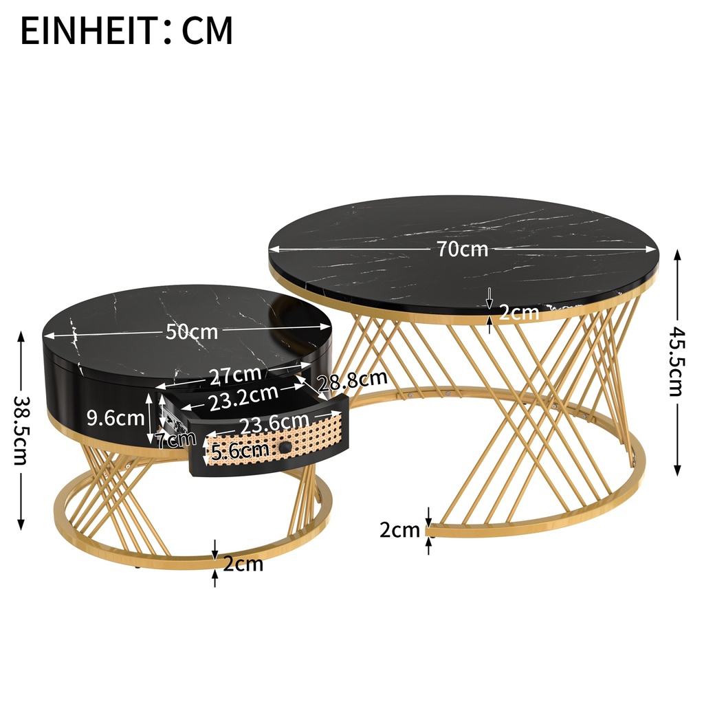 2-in-1 Marble Coffee Table Set with Marble Grain Veneer Top, Black+Gold - Photo 3