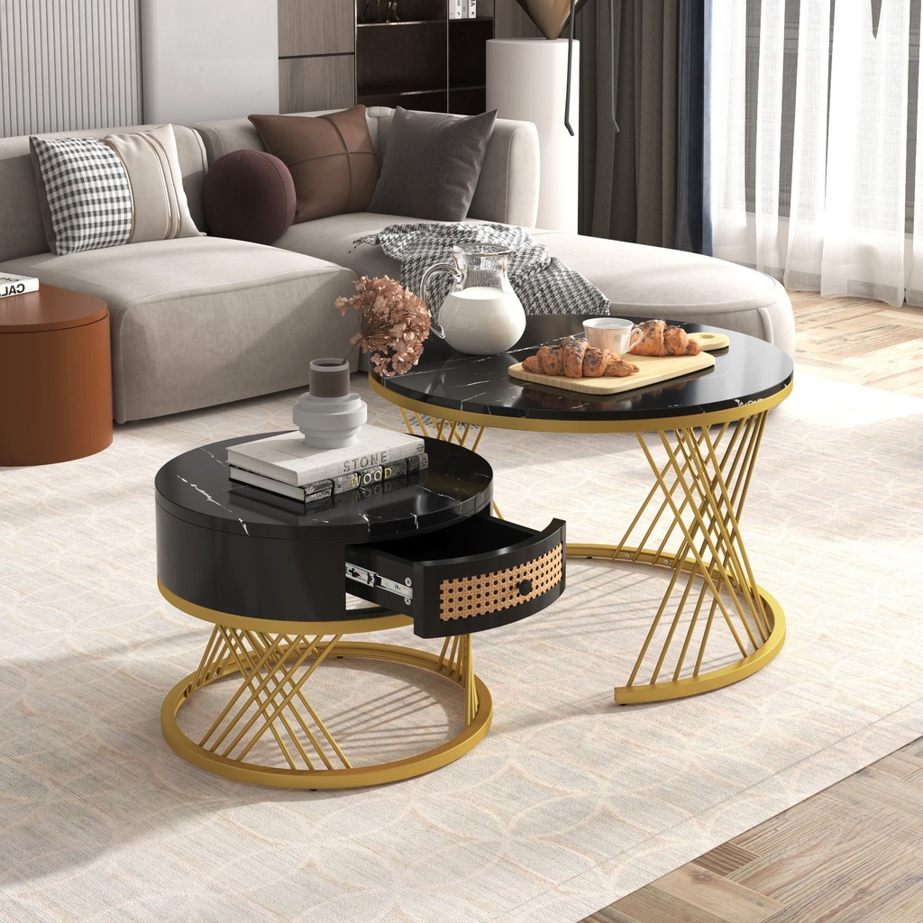 2-in-1 Marble Coffee Table Set with Marble Grain Veneer Top, Black+Gold - Photo 5