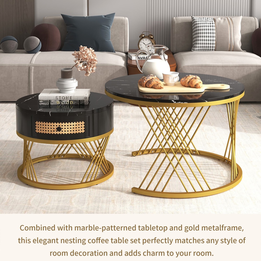 2-in-1 Marble Coffee Table Set with Marble Grain Veneer Top, Black+Gold - Photo 6