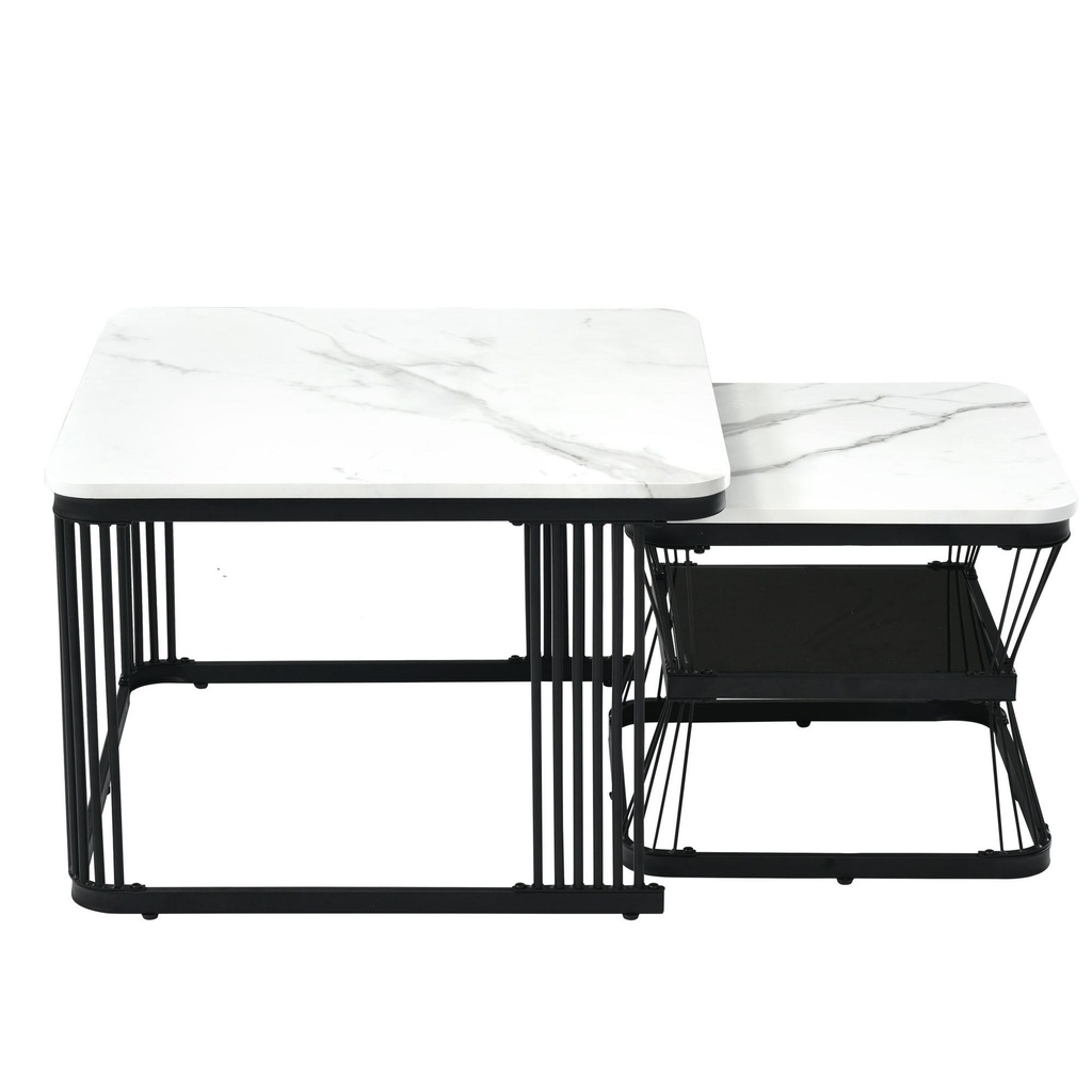 2 Pieces Multi-functional Coffee Tables with Metal Frame and Marble Pattern Top, White - Photo 2
