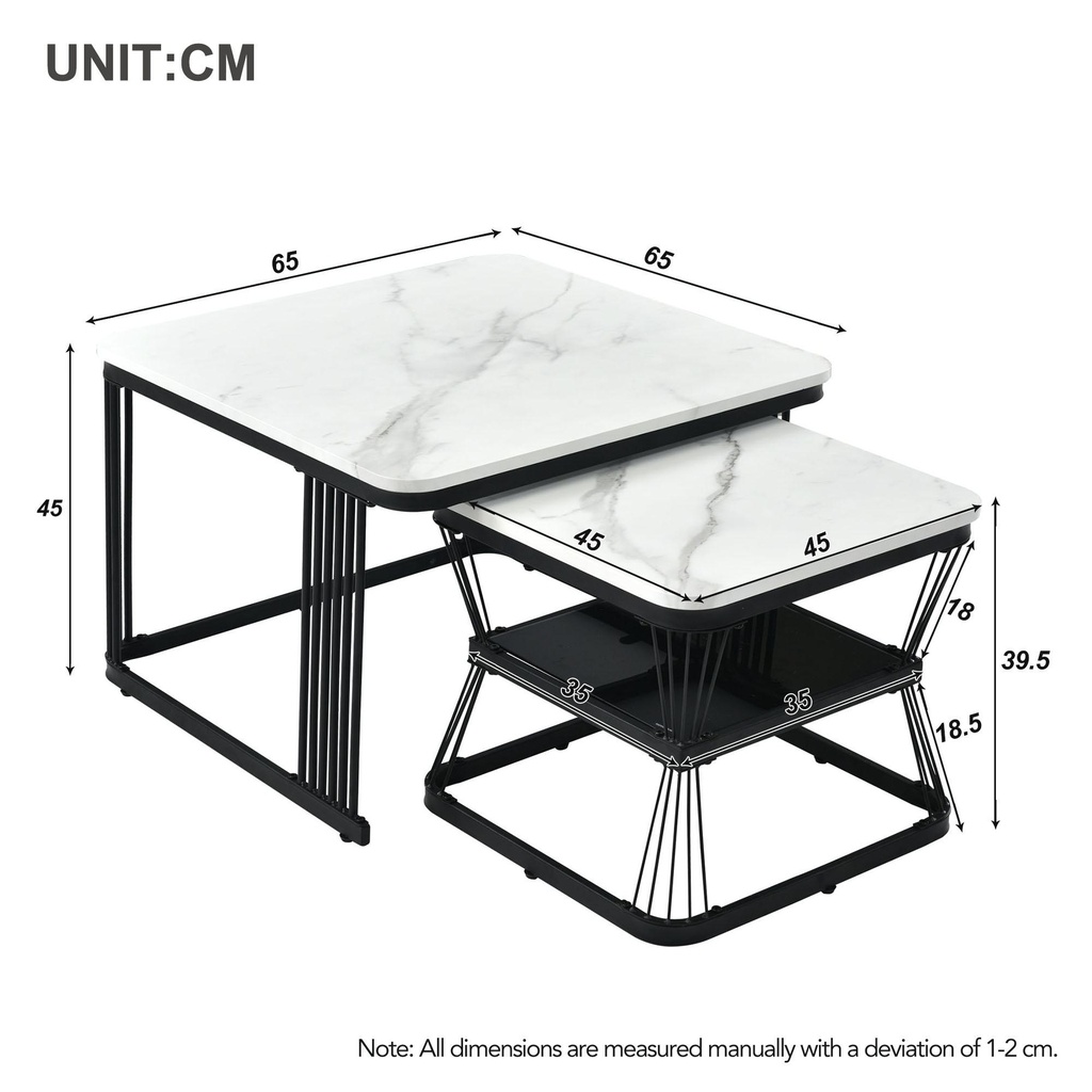 2 Pieces Multi-functional Coffee Tables with Metal Frame and Marble Pattern Top, White - Photo 3