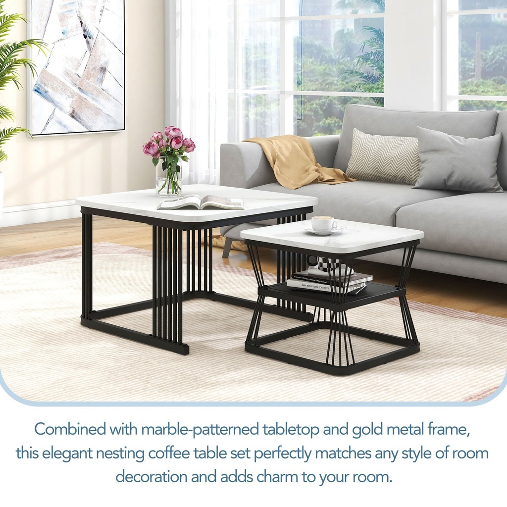 2 Pieces Multi-functional Coffee Tables with Metal Frame and Marble Pattern Top, White - Photo 4