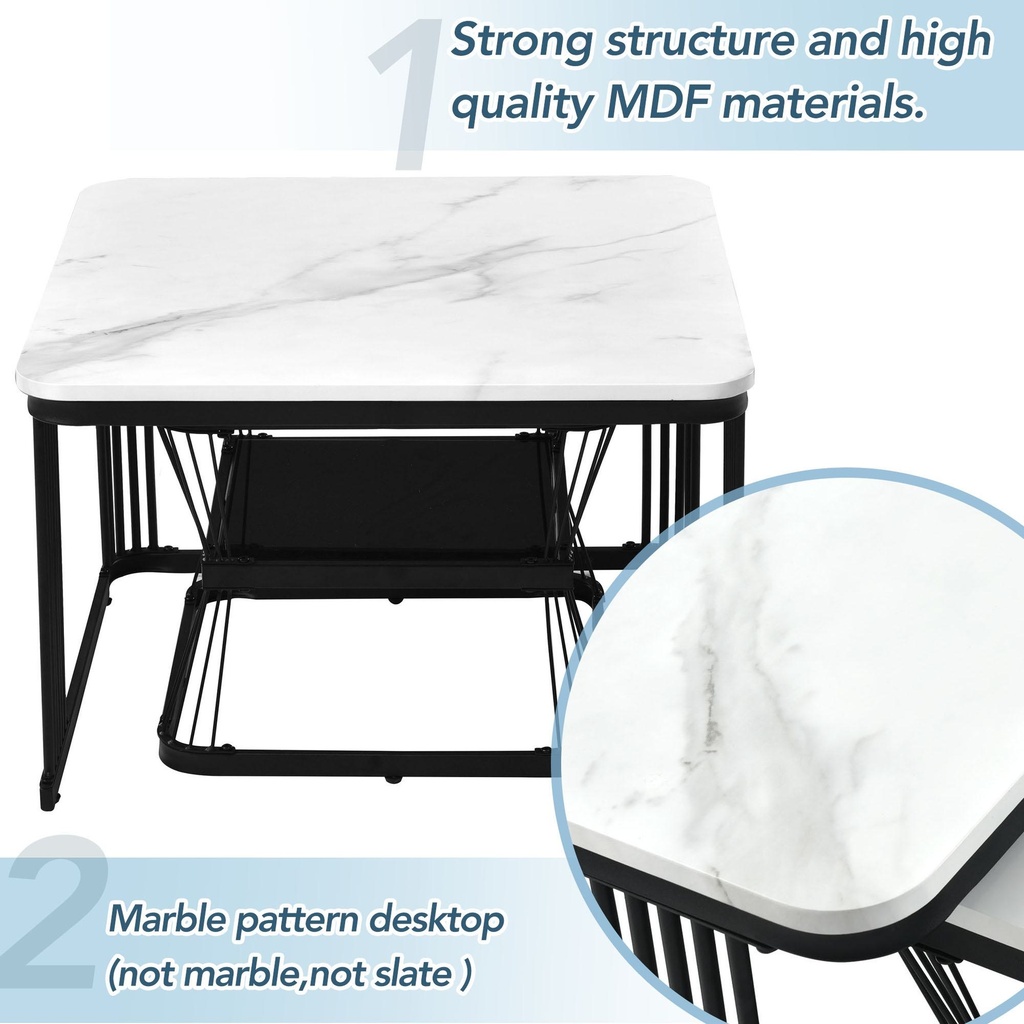 2 Pieces Multi-functional Coffee Tables with Metal Frame and Marble Pattern Top, White - Photo 5