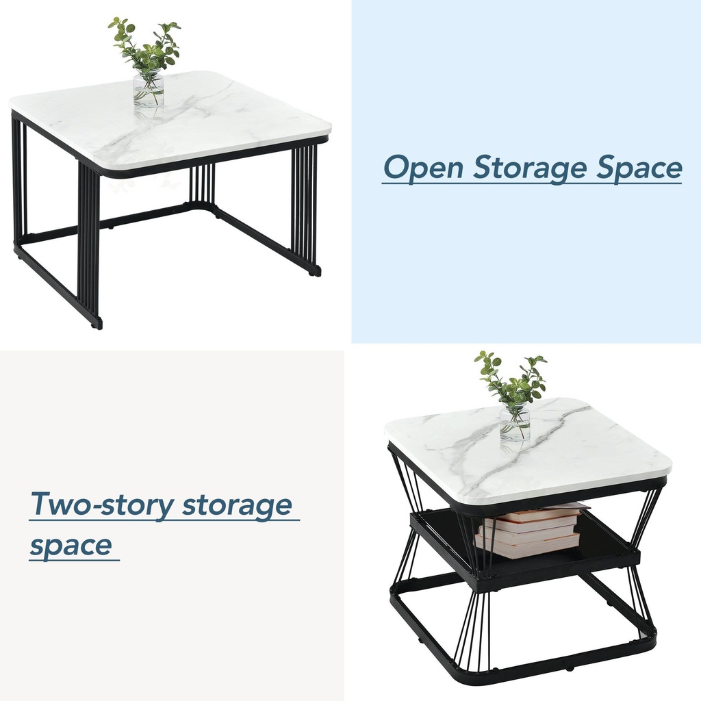 2 Pieces Multi-functional Coffee Tables with Metal Frame and Marble Pattern Top, White - Photo 6