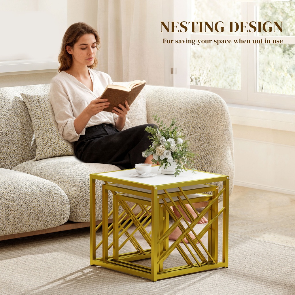HOMCOM Nesting Coffee Tables Set, Metal Frame, White - Photo 5