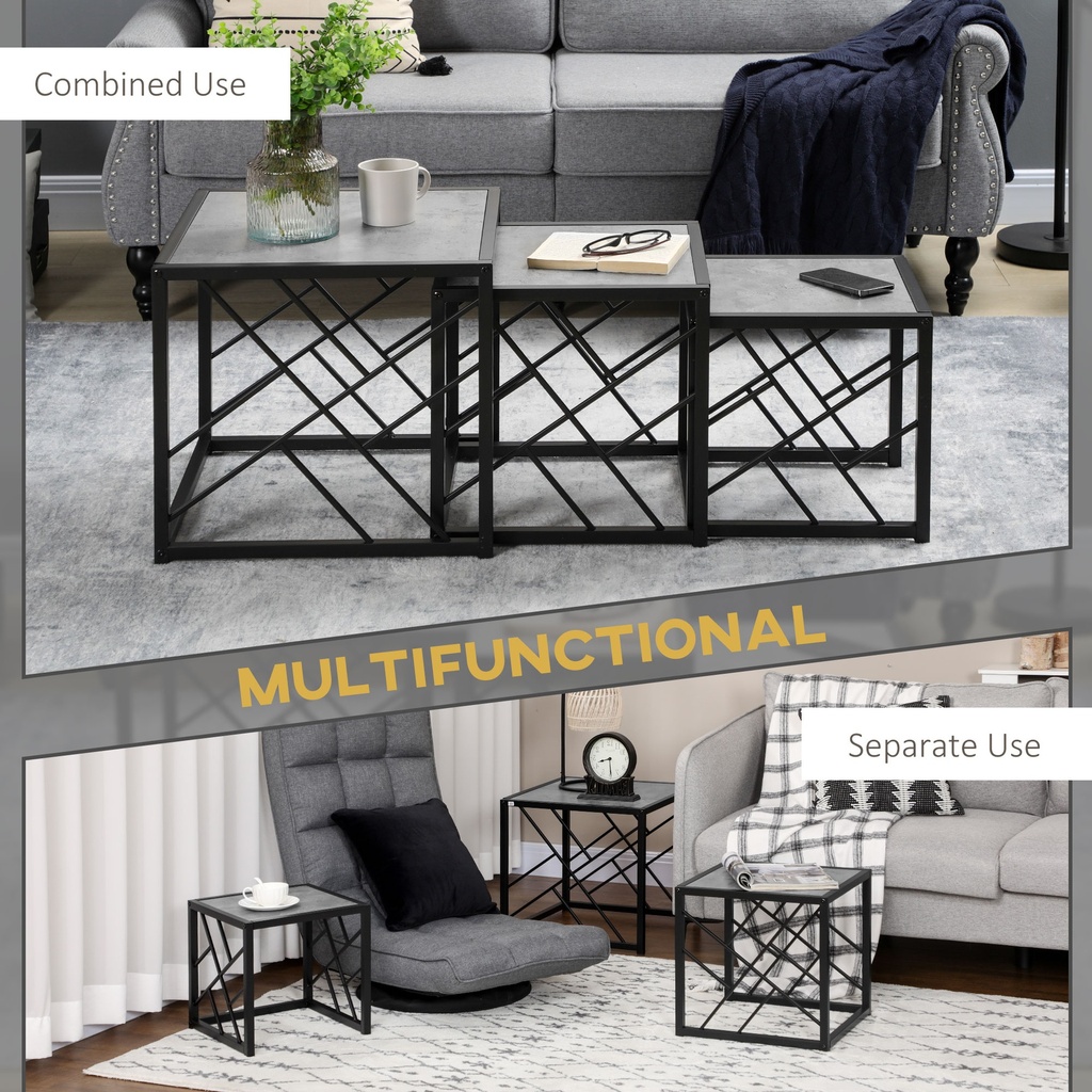 HOMCOM Nesting Coffee Tables Set of 3 Grey Metal Frame - Photo 6