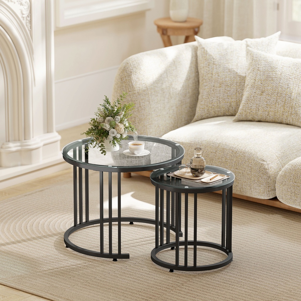 HOMCOM Nesting Coffee Tables Set of 2, Glass Top Steel Frame Black - Photo 2