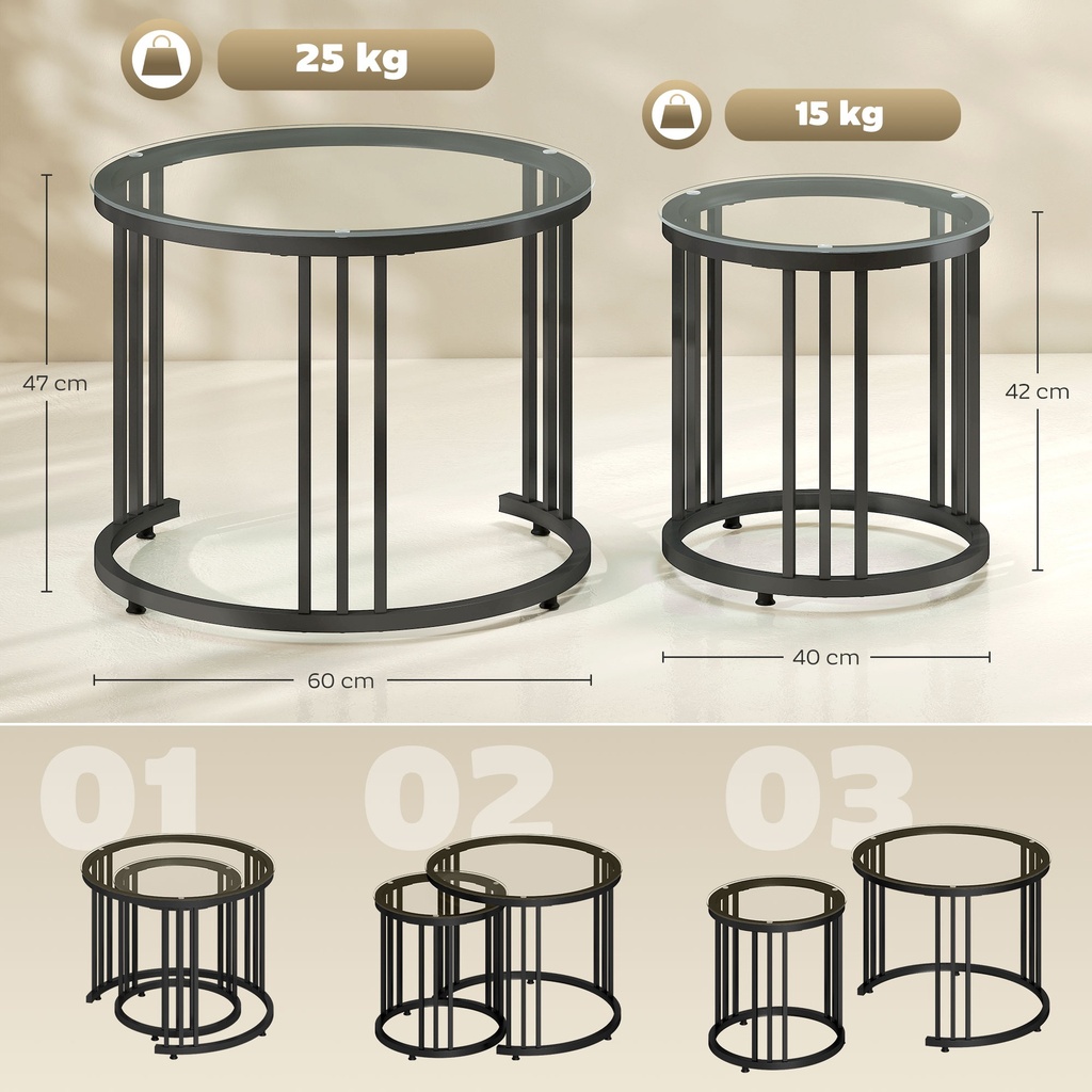 HOMCOM Nesting Coffee Tables Set of 2, Glass Top Steel Frame Black - Photo 3