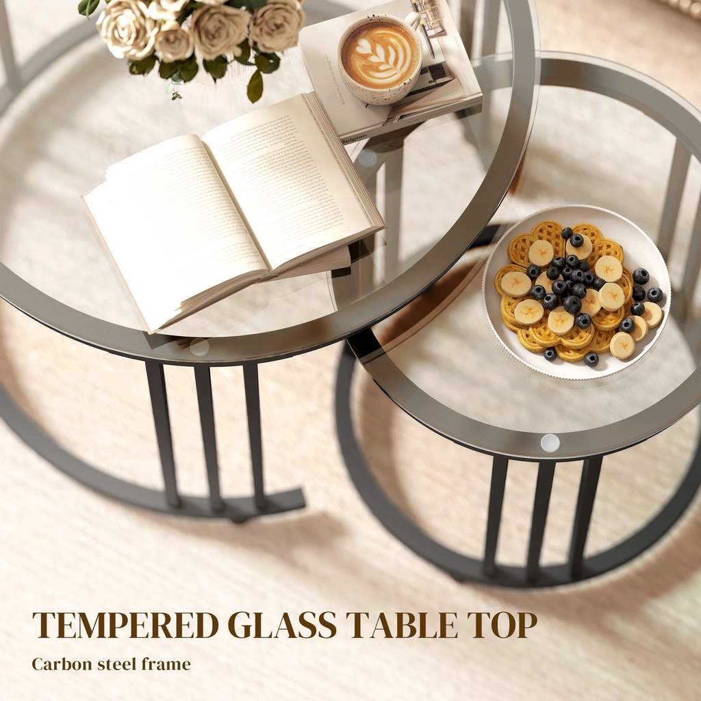 HOMCOM Nesting Coffee Tables Set of 2, Glass Top Steel Frame Black - Photo 5
