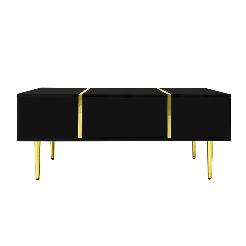 High-Gloss Coffee Table with Two Drawers and 19.5 cm Clearance, 100L x 60W x 41.5H cm, Black+Gold - Photo 2