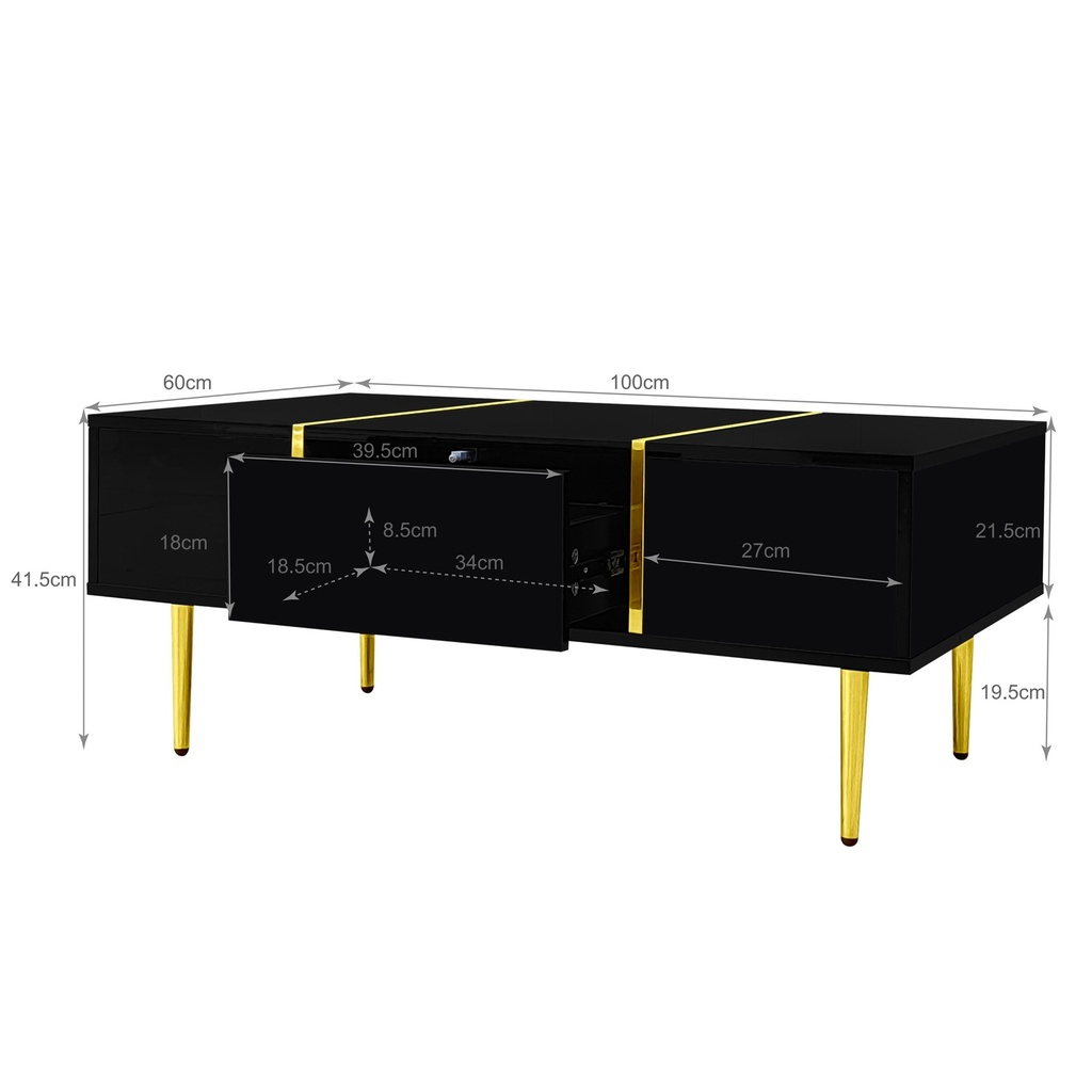 High-Gloss Coffee Table with Two Drawers and 19.5 cm Clearance, 100L x 60W x 41.5H cm, Black+Gold - Photo 3
