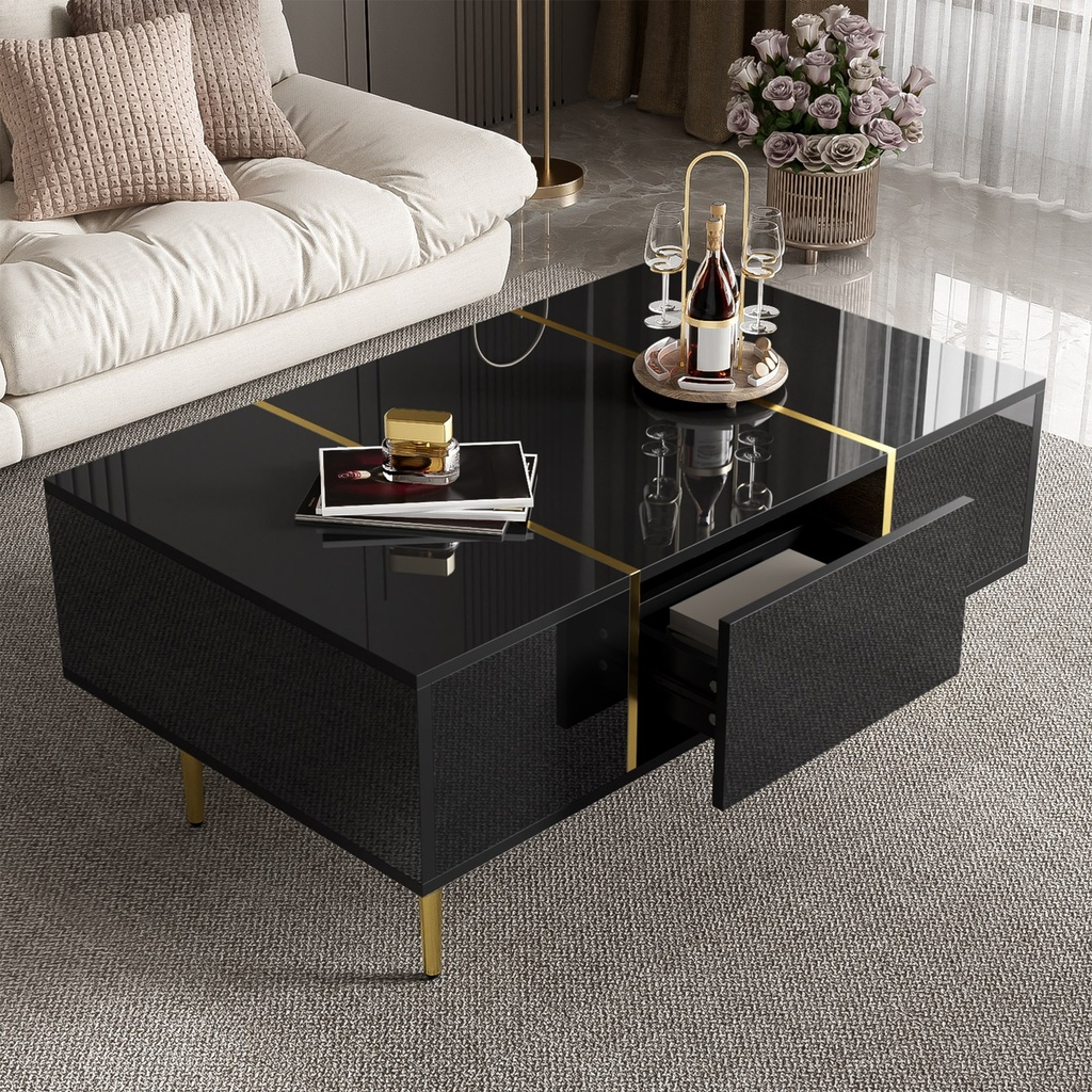 High-Gloss Coffee Table with Two Drawers and 19.5 cm Clearance, 100L x 60W x 41.5H cm, Black+Gold - Photo 4
