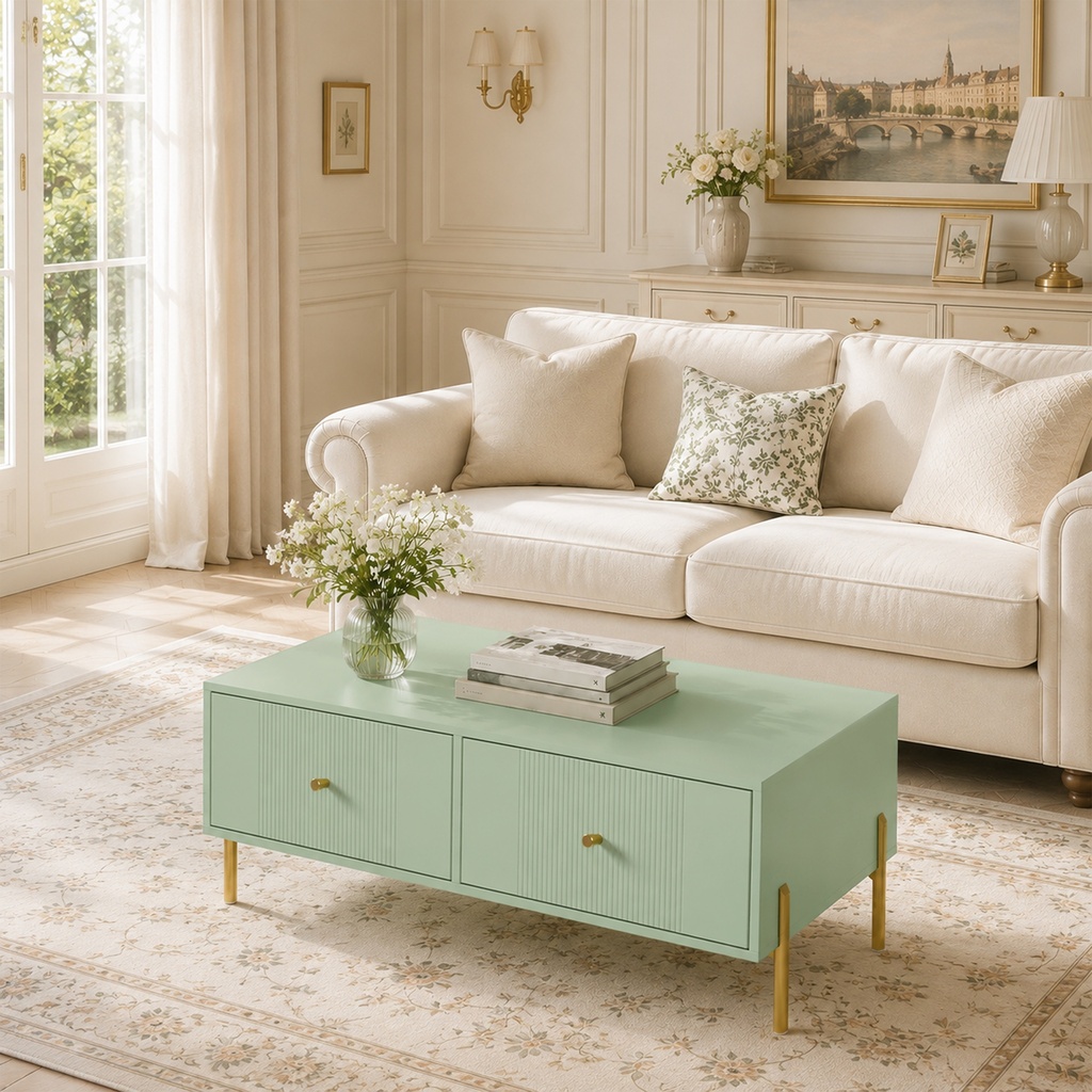HOMCOM Modern Coffee Table 2 Drawers Storage Metal Legs Light Green - Photo 2