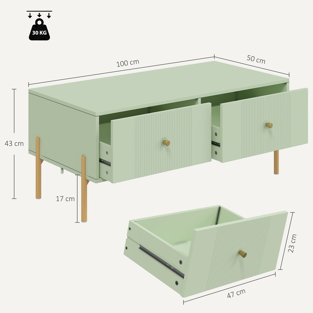 HOMCOM Modern Coffee Table 2 Drawers Storage Metal Legs Light Green - Photo 3