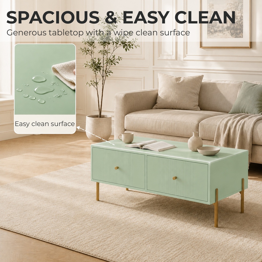 HOMCOM Modern Coffee Table 2 Drawers Storage Metal Legs Light Green - Photo 4