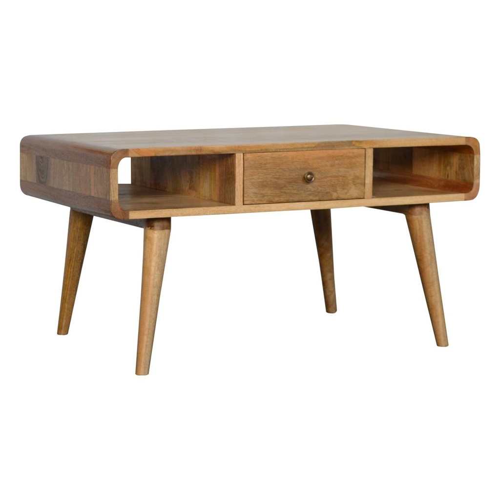 Solid Mango Wood Curved Coffee Table with 2 Drawers and 2 Open Compartments, Brown - Photo 6