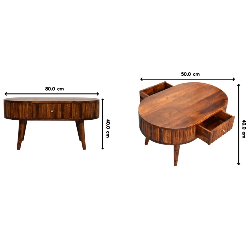 Solid Mango Wood Round Coffee Table with 2 Smooth-Gliding Drawers, Brown - Photo 3