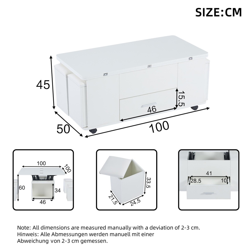 Modern Lift-Top Coffee Table with Hydraulic Lift and Hidden Storage, 100L x 50W x 45H cm, White - Photo 3