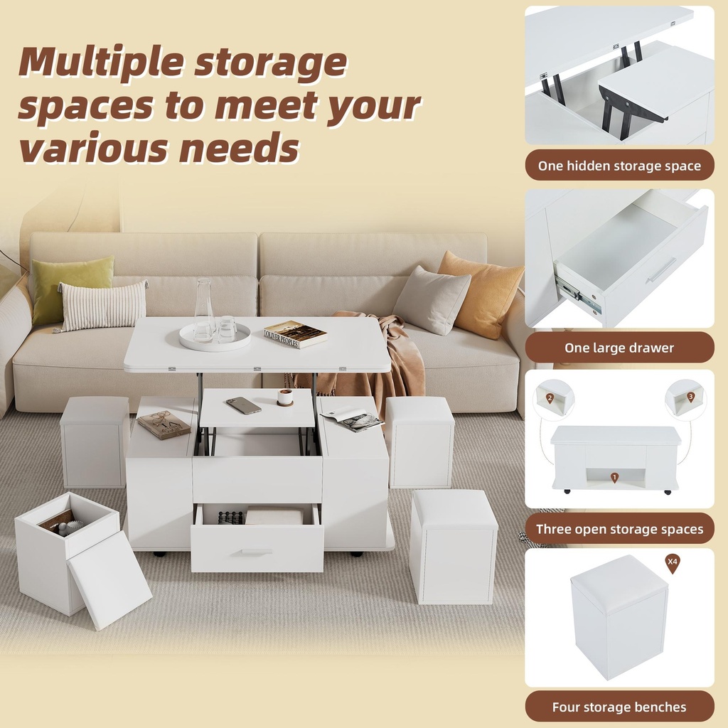 Modern Lift-Top Coffee Table with Hydraulic Lift and Hidden Storage, 100L x 50W x 45H cm, White - Photo 4