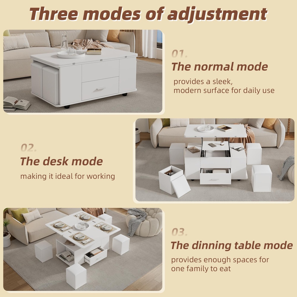 Modern Lift-Top Coffee Table with Hydraulic Lift and Hidden Storage, 100L x 50W x 45H cm, White - Photo 6