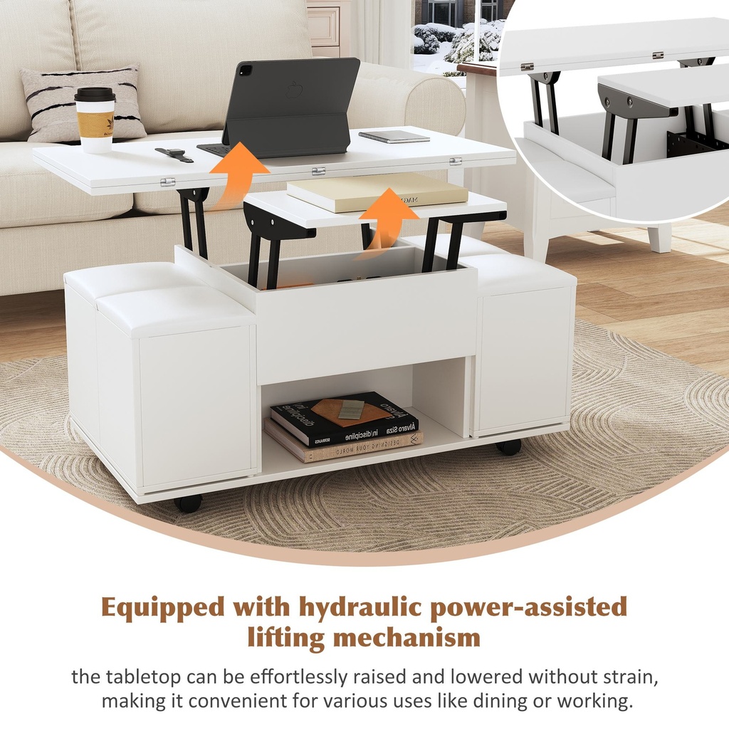 Lift-Up Coffee Table with Hydraulic Mechanism, White - Photo 4