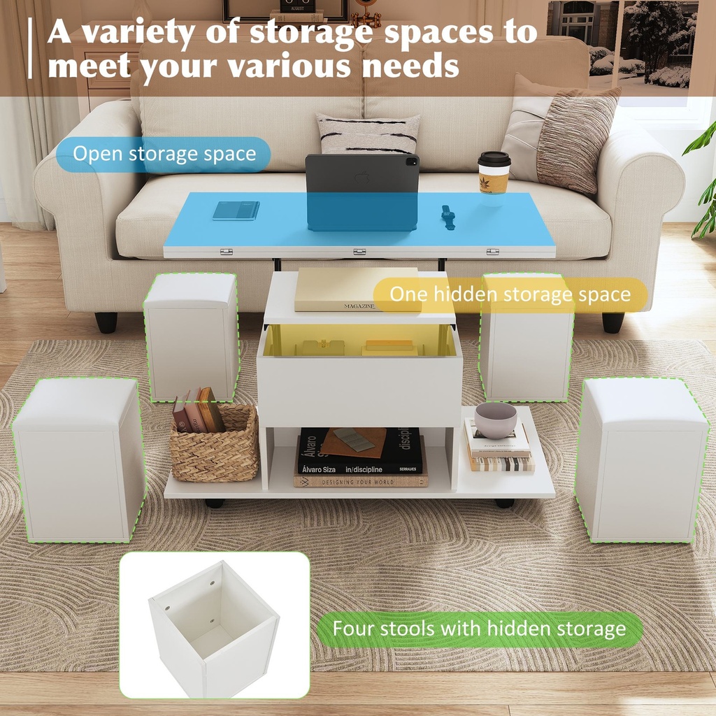 Lift-Up Coffee Table with Hydraulic Mechanism, White - Photo 6