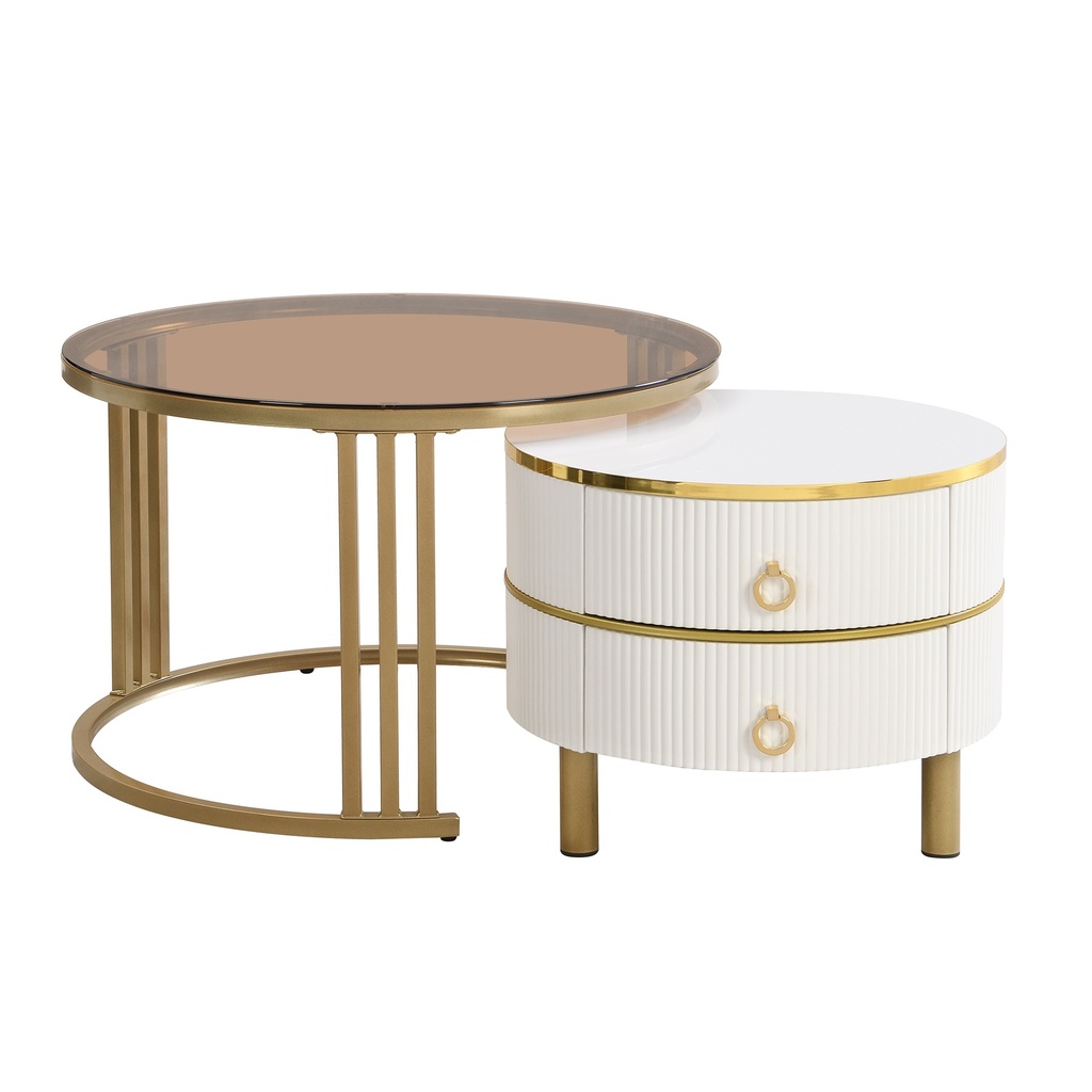 2-in-1 Round Coffee Table Set with High-Gloss and Tempered Glass Tops, Brown+White - Photo 2