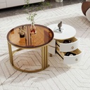 2-in-1 Round Coffee Table Set with High-Gloss and Tempered Glass Tops, Brown+White - Photo 4